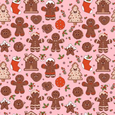 Kusursuz bir model. Noel modası geçmiş çizgi film karakterleri zencefilli kurabiyeler, adam, ağaç, top, Xmas çorapları, pembe arka planda çizmeler. Vektör Yeni Yıl illüstrasyonu. 70 'ler
