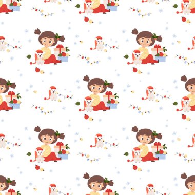 Kusursuz bir Noel deseni. Yavru köpeği olan tatlı bir kız, yeni yıl hediyeleri ve beyaz arka planda kar taneli balolar. Festival tasarımı, duvar kağıdı, ambalaj, tekstil için vektör illüstrasyonu