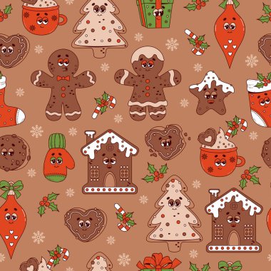 Noel 'in mükemmel, kusursuz deseni. Eski moda çizgi film karakterleri zencefilli kurabiye, kurabiye, adam, ağaç, ev, kahverengi arka planda Xmas çorabı. Vektör Yeni Yıl illüstrasyonu. 70 'ler