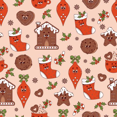 Noel 'in mükemmel, kusursuz deseni. Eski moda çizgi film karakterleri zencefilli kurabiye, ev, Xmas çorabı, kakao ve arka planda oyuncak topları. Vektör Yeni Yıl illüstrasyonu. 70 'ler