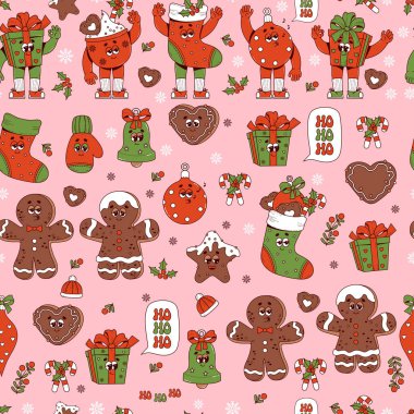 Havalı Hippi Retro Noel şenliği çizgi film karakterlerinin hediyeleri, çorap, zencefilli kurabiye, Xmas balosu, pembe arka planda zil. Mutlu Noeller ve mutlu yıllar vektör geçmişi