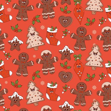 Noel 'in mükemmel, kusursuz deseni. Eski moda çizgi film karakterleri zencefilli kurabiye adam, kurabiye, ağaç, Xmas çorabı ve kırmızı arka planda oyuncak topları. Vektör Yeni Yıl illüstrasyonu. 70 'ler