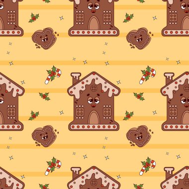 Sarı arka planda zencefilli kek evi ve kalp karakterleri olan kusursuz bir Noel örneği. Harika Yeni yıl vektör arkaplanı