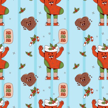 Kusursuz bir Noel deseni. Zencefilli kek kalbi ve mavi arka planda karamel çubuğu olan eski çizgi film karakteri Xmas. Mutlu yıllar arkaplanı. Vektör illüstrasyonu