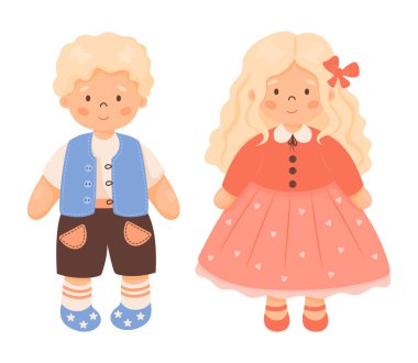 Oyuncak bebek. Bir çift şirin sarışın bebek. Kırmızı elbiseli uzun saçlı kıvırcık kız ve yelek ve şortlu oğlan. Çizgi film tarzında vektör illüstrasyonu. Beyazda izole edilmiş. çocuk koleksiyonu