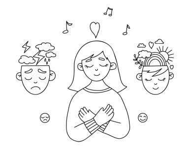 Psikoterapi ve akıl sağlığı. Özgüven ve sevgi. Kendini kucaklayan bir kızın portresi. Akıl ve ruh sağlığını ifade eden iki kafa. Karalama biçiminde vektör illüstrasyonu