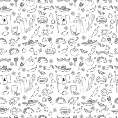 Elle çizilmiş doğrusal çizilmiş Meksikalı kusursuz desen. Beyaz arkaplanda vektör illüstrasyonu