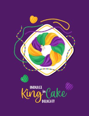 Bebek İsa oyuncağıyla geleneksel Kral Pastası, tabakta kolyeler ve boncuklar, üst manzara. Mardi Gras karnavalı. Tatil Şişmanı Salı 'sı. Çizgi film tarzında vektör dikey illüstrasyonu