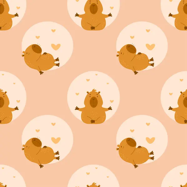 Kusursuz desen. Capybara karakterleri yoga yapıyor ve arka planda uyuyan bir hayvan. Tasarım, duvar kağıdı, ambalaj ve tekstil için vektör çizimi. çocuk koleksiyonu