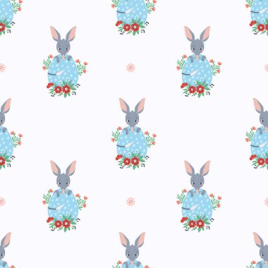 Kusursuz desen. Beyaz arka planda yumurtaları olan sevimli Paskalya hayvanı Billy. Tasarım, duvar kağıdı, ambalaj, tekstil için vektör illüstrasyonu