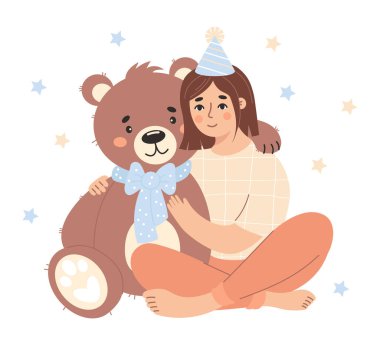 Doğum günü. Oyuncak ayıya sarılan mutlu kadın. Düz biçimli vektör illüstrasyonu 