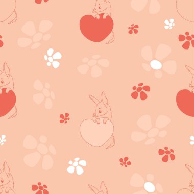 Şeftali arka planda kalbi olan, elinde çiçekler olan, kusursuz şekilli bir Billy hayvanı. Tasarım, duvar kağıdı, ambalaj, tekstil için vektör illüstrasyonu