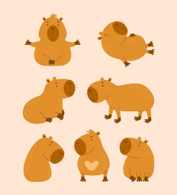 Şirin Capybara hayvan koleksiyonu. İzole edilmiş hayvan karakteri kemirgeni. Düz bir şekilde vektör illüstrasyonu. çocuk koleksiyonu