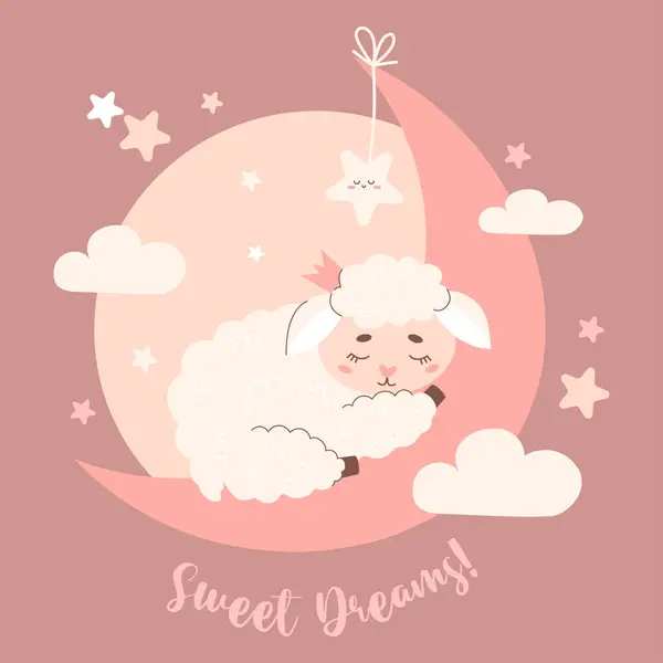 Мила Маленька Спляча Принцеса Вівці Місяці Солодкі Сни Пастельні Дитячі — стоковий вектор