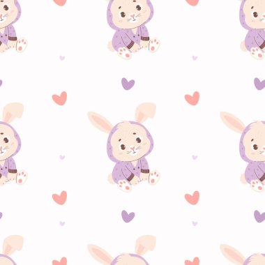 Kusursuz desenli, beyaz arka planda pijamaları olan sevimli bir hayvan tavşanı. Tasarım, duvar kağıdı, ambalaj ve tekstil için vektör çizimi. Çocuk koleksiyonu