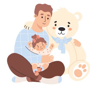 Küçük çocuklu mutlu adam büyük beyaz oyuncak ayıya sarılıyor. Tatlı karakterli baba ve kızı. Düz biçimli vektör illüstrasyonu