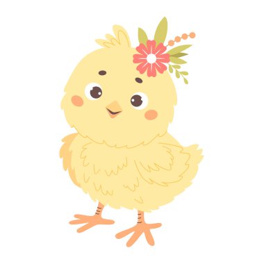 Çiçekli şirin bir piliç. Vektör çizimi. Çocuk koleksiyonu