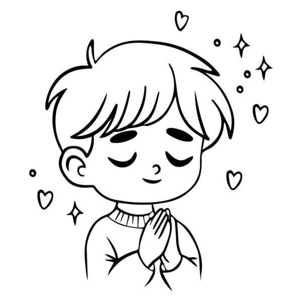 Cute praying boy with folded hands in prayer. Linear hand drawing. Religious believer male child character concept. Kids collection. Coloring book
