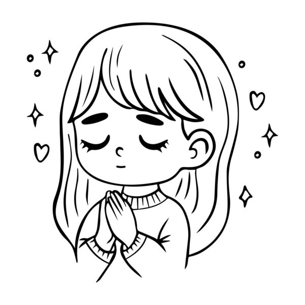 Portrait cute praying little girl with long hair. Vector illustration. Linear hand drawing, coloring book. Religious believer child character concept. Kids collection