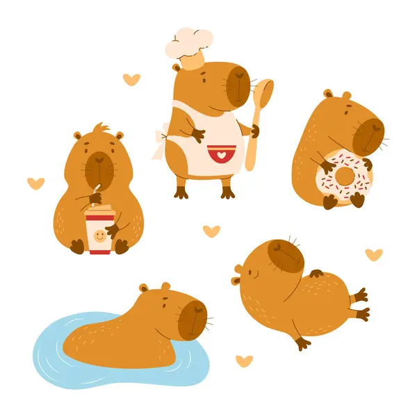 Tatlı Capybara karakter koleksiyonu. Kaşıkla, kahveyle ve çörekle, suda ve uyuyan hayvanla yemek yapmak. İzole komik kemirgen. Düz bir şekilde vektör illüstrasyonu. çocuk koleksiyonu