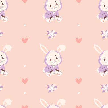 Kusursuz desenli, pijamalı sevimli bir tavşancık. Tasarım, duvar kağıdı, ambalaj ve tekstil için vektör çizimi. Pastel renklerde çocuk koleksiyonu