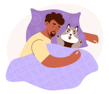 Pelüş köpek oyuncağıyla uyuyan zenci bir etnik adam. Biraz rahatla. Sevimli erkek karakter. Düz biçimli vektör illüstrasyonu