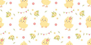 Beyaz arka planda çiçekli güzel hatunlarla kusursuz bir desen. Tasarım, duvar kağıdı, ambalaj ve tekstil için vektör çizimi. Çocuk koleksiyonu