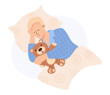 Uyuyan sarışın adam peluş oyuncak ayıya sarılır. Düz stil içinde sevimli bir erkek karakter. Vektör illüstrasyonu