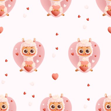 Romantik, kusursuz bir düzen. Beyaz arka planda kalpleri olan lama alpaka. Tasarım, duvar kağıdı, ambalaj, tekstil için karikatür tarzında vektör illüstrasyon sevgililer günü arkaplanı