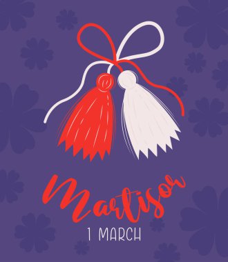 Martisor tılsımı, geleneksel kırmızı beyaz aksesuar Martenitsa. Baba Marta Günü. Bahar tatili Vektör tatil kartı