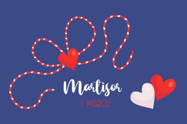 Kırmızı ve beyaz kalp. Martenitsa, tılsım. Martisor tatili. Romantik gelenek halk sembolü ipliklerden oluşur. Bahar başları toplantısı. 1 Mart