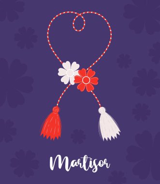 Martenitsa, tılsım çiçekleri. Martisor tatili. Kırmızı ve beyaz iplik. Bahar başında yapılan geleneksel toplantı. Vektör tatil kartpostalı
