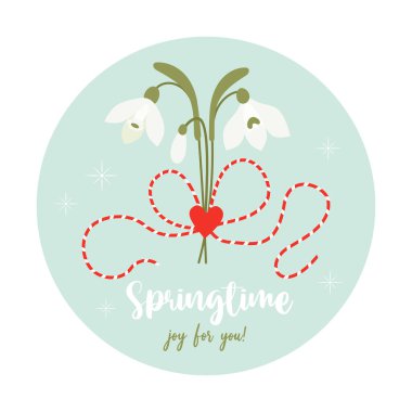 Martisor. İlkbahar. Geleneksel bayram kırmızı ve beyaz aksesuar Martenitsa ve bir buket kartopu çiçeği. Bahar başlangıcının sembolü. 1 Mart. Düz biçimli vektör illüstrasyonu