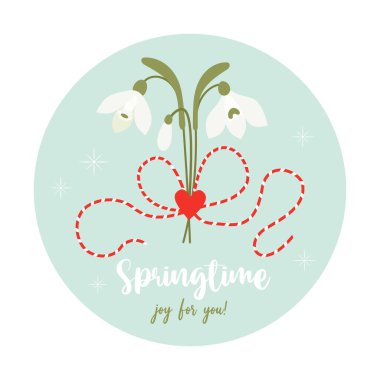 Martisor. Springtime. Traditional holiday red and white accessory Martenitsa with bouquet of snowdrop flowers. Symbol for spring beginning. 1 March. Vector illustration in flat style clipart