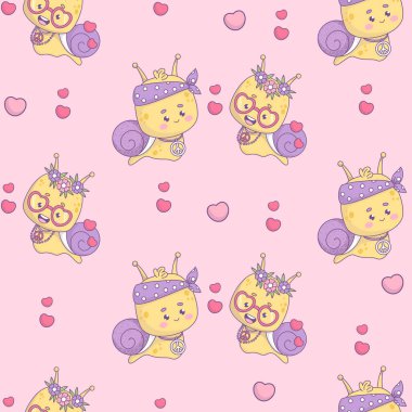 Pembe arka planda sevimli bir çift sümüklü böcek karakteri olan kusursuz bir desen. Komik kawaii böcekleri. 70 'lerin modası geçmiş modaya uygun vektör illüstrasyonu. Nostaljik sevgililer günü geçmişi