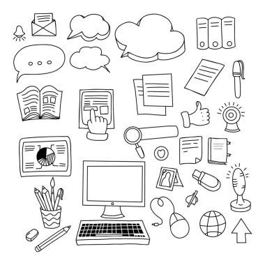 İş, iş ve iletişim. Koleksiyon doğrusal el karalamaları. Beyaz arkaplanda izole vektör çizimleri