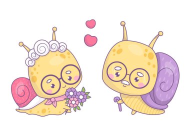 Sevimli bir çift yaşlı salyangoz. Komik büyükanne ve büyükbaba, Kawaii karakterleri. Çiçekli büyükannem ve gözlüklü büyükbabam. Vektör illüstrasyonu