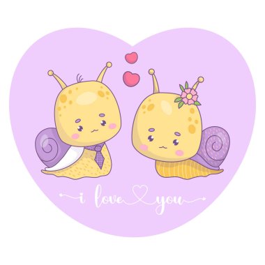Sevimli çift sümüklü böcek kız ve kalbi olan çocuk. Sevgililer günü kartı. Seni seviyorum. Komik çizgi film karakterleri Kawaii karakterleri. Vektör illüstrasyonu