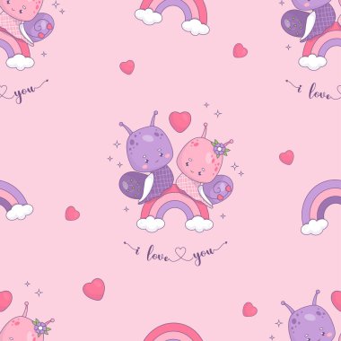 Kusursuz desenli, sevgi dolu çift salyangoz pembe arka planda, kalpleri olan. Komik kawaii böcek kız ve erkek karakter. Vektör çizimi. Romantik sevgililer günü arkaplanı Seni seviyorum