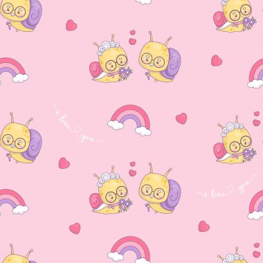 Sevgi dolu yaşlı salyangozlarla kusursuz romantik bir düzen. Komik büyükanne ve büyükbaba Kamwai karakterleri pembe arka planda, kalpler ve gökkuşağı ile. Vektör çizimi. Sevgililer Günü arkaplanı Seni seviyorum