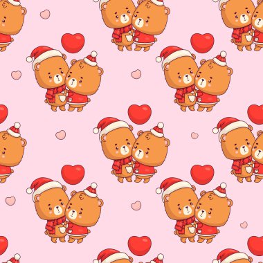 Pembe arka planda, sevgi dolu bir çiftin ayıcıkları ve kalpleri var. Komik kawaii hayvan kızı ve erkek karakteri. Vektör çizimi. romantik sevgililer günü arkaplanı