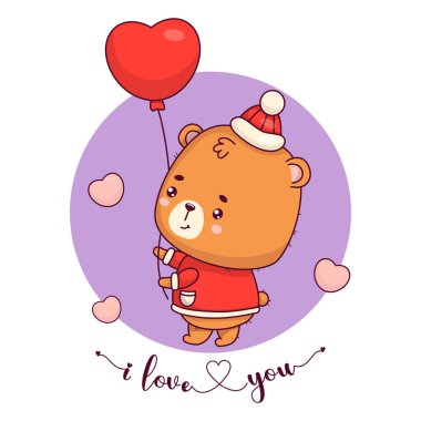 Balonlu şirin bir ayı. Kış kıyafetleri içinde romantik bir oyuncak ayı. Aşık hayvan Kawaii karakteri. Sevgililer günü kartı ve günah çıkarma. Seni seviyorum. Vektör illüstrasyonu