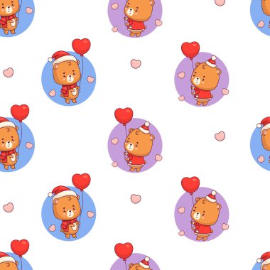 Pürüzsüz desenli, oyuncak ayıyla balonlu, beyaz arka planda, kalpli. Komik kawaii kış kızı ve erkek karakteri. Vektör çizimi. romantik sevgililer günü arkaplanı