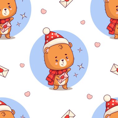 Beyaz arka planda aşk mektubu olan sevimli ayı yavrusuyla kusursuz bir desen. Komik kawaii kış hayvanı karakteri. Vektör çizimi. Romantik bir sevgililer günü arkaplanı. Çocuk koleksiyonu