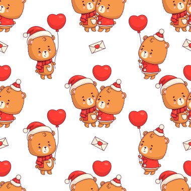 Kalpli, balonlu ve beyaz arka planda sevgi dolu bir ayı ile kusursuz bir romantik düzen. Komik kawaii hayvan kızı ve erkek karakteri. Vektör çizimi. Sevgililer Günü arkaplanı