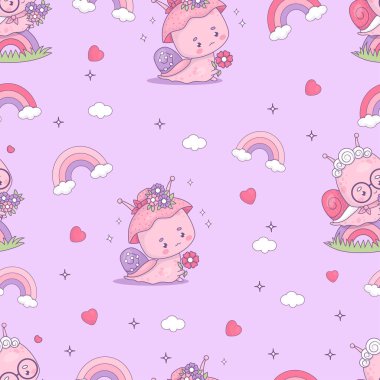 Kusursuz romantik model. Gökkuşağında yaşlı salyangoz büyükanne ve mor arka planda kalbi olan komik kadın böcek kawaii karakterleri. Vektör illüstrasyonu