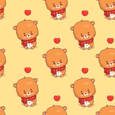 Kusursuz desenli, sarı arka planda kalpleri olan sevimli bir ayı yavrusu. Komik kawaii hayvan karakteri. Vektör çizimi. Çocuk koleksiyonu