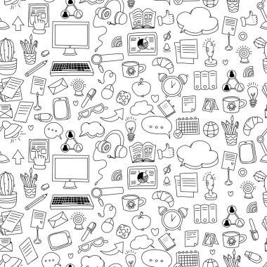 Kusursuz bir iş düzeni. İletişim ve teknoloji, beyaz arka planda serbest çalışma. Karalama biçiminde vektör illüstrasyonu