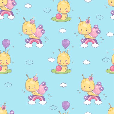 Tatlı salyangoz karakterli kusursuz bir desen. Gökkuşağındaki komik kawaii böceği mavi arka planda bulutlu balonla. Moda retro tarzında vektör illüstrasyonu. Çocuk koleksiyonu