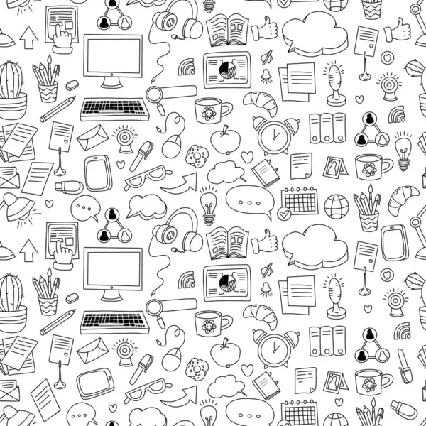 Kusursuz bir iş düzeni. İletişim ve teknoloji, beyaz arka planda serbest çalışma. Karalama biçiminde vektör illüstrasyonu